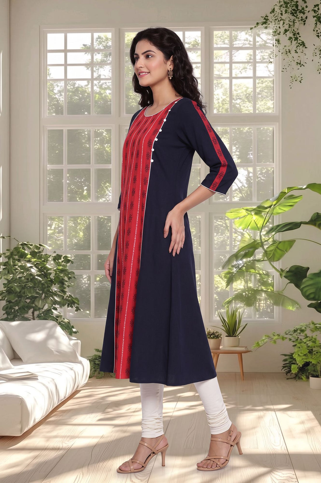 Navy Blue Colourblocked Pure Cotton A-line Kurta with Churidar Set