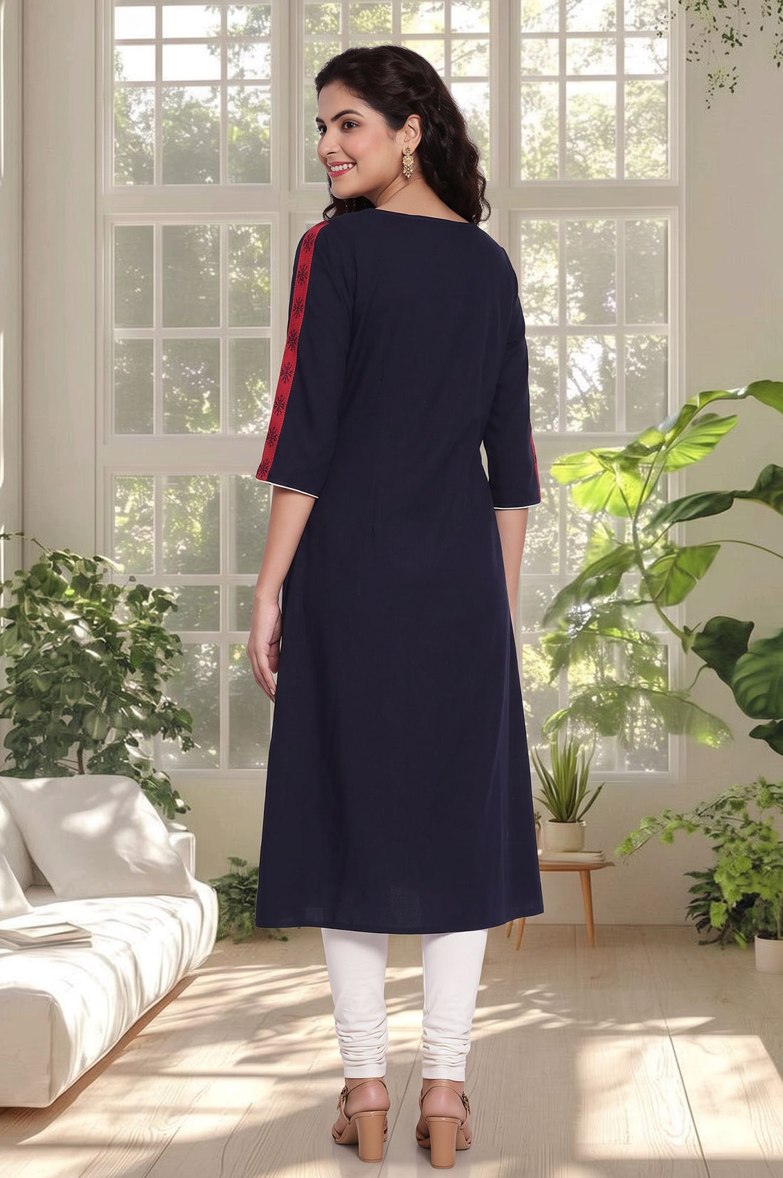 Navy Blue Colourblocked Pure Cotton A-line Kurta with Churidar Set