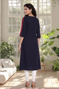 Navy Blue Colourblocked Pure Cotton A-line Kurta with Churidar Set