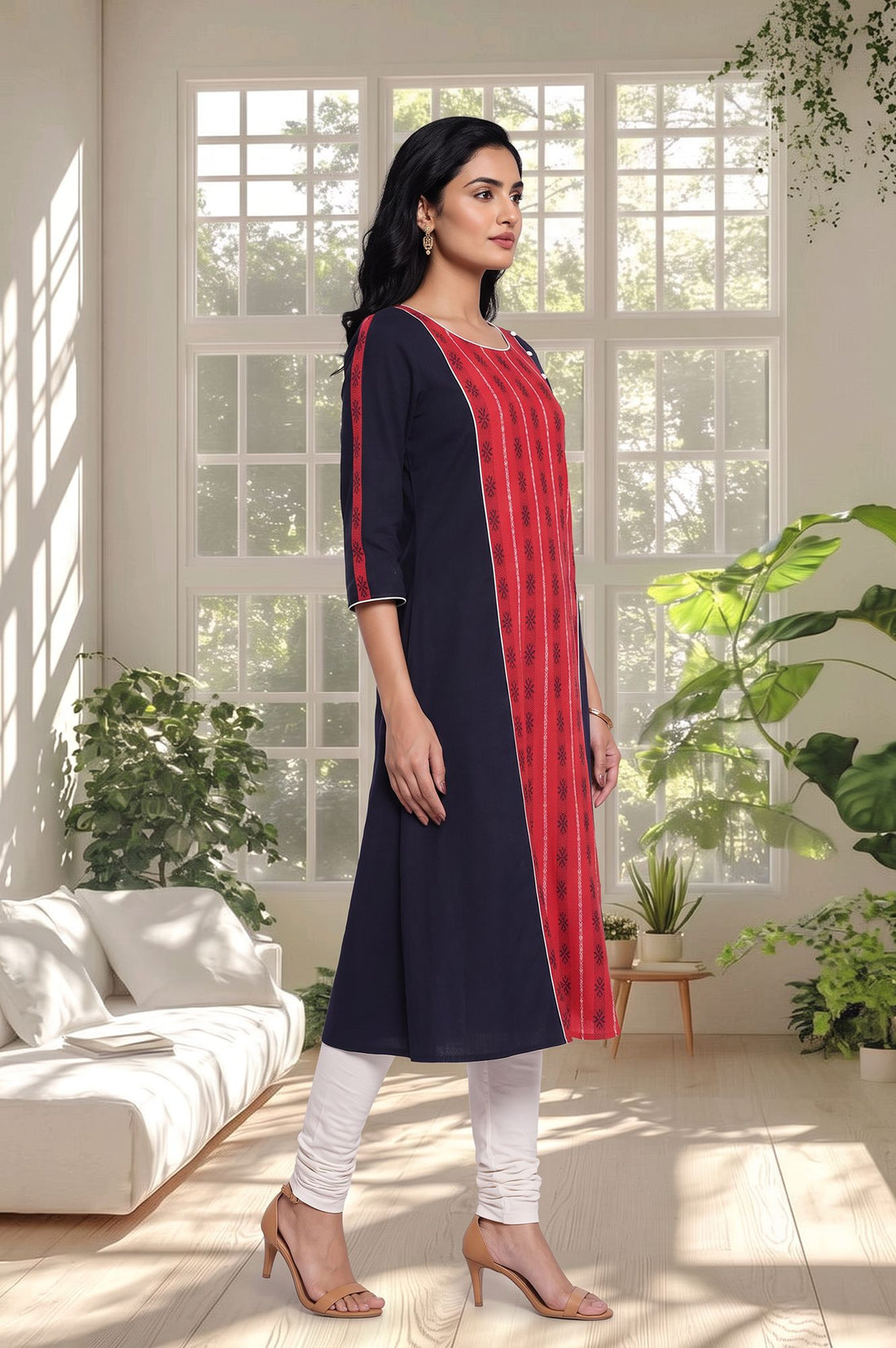 Navy Blue Colourblocked Pure Cotton A-line Kurta with Churidar Set