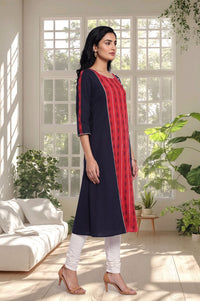 Navy Blue Colourblocked Pure Cotton A-line Kurta with Churidar Set