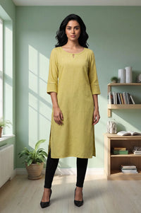 Yellow Solid Lace Rayon Straight Kurta with Tights Set