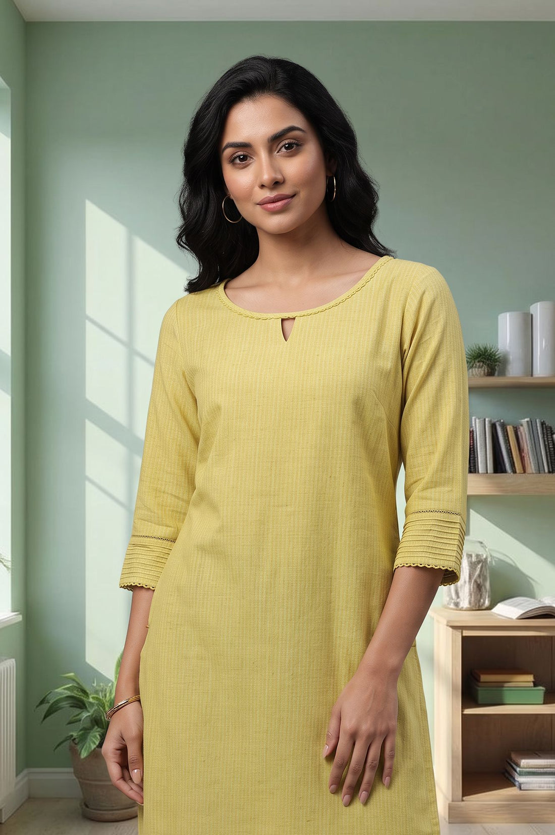 Yellow Solid Lace Rayon Straight Kurta with Tights Set