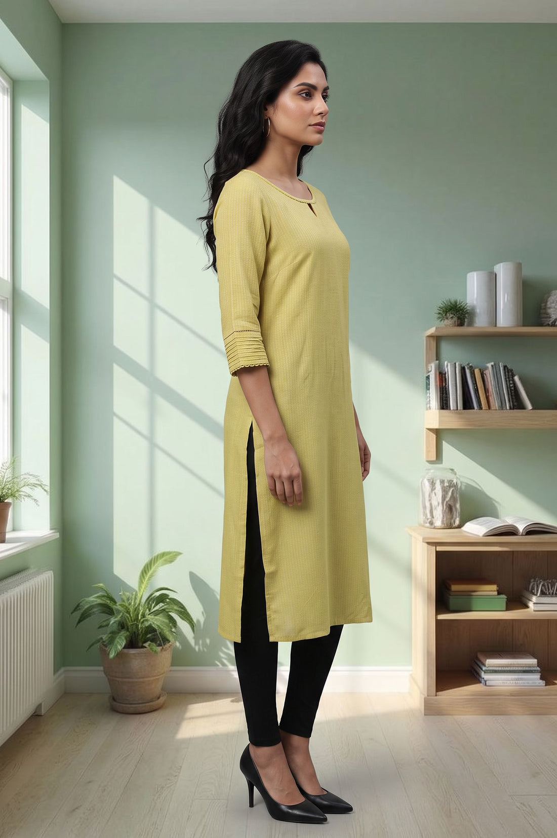 Yellow Solid Lace Rayon Straight Kurta with Tights Set