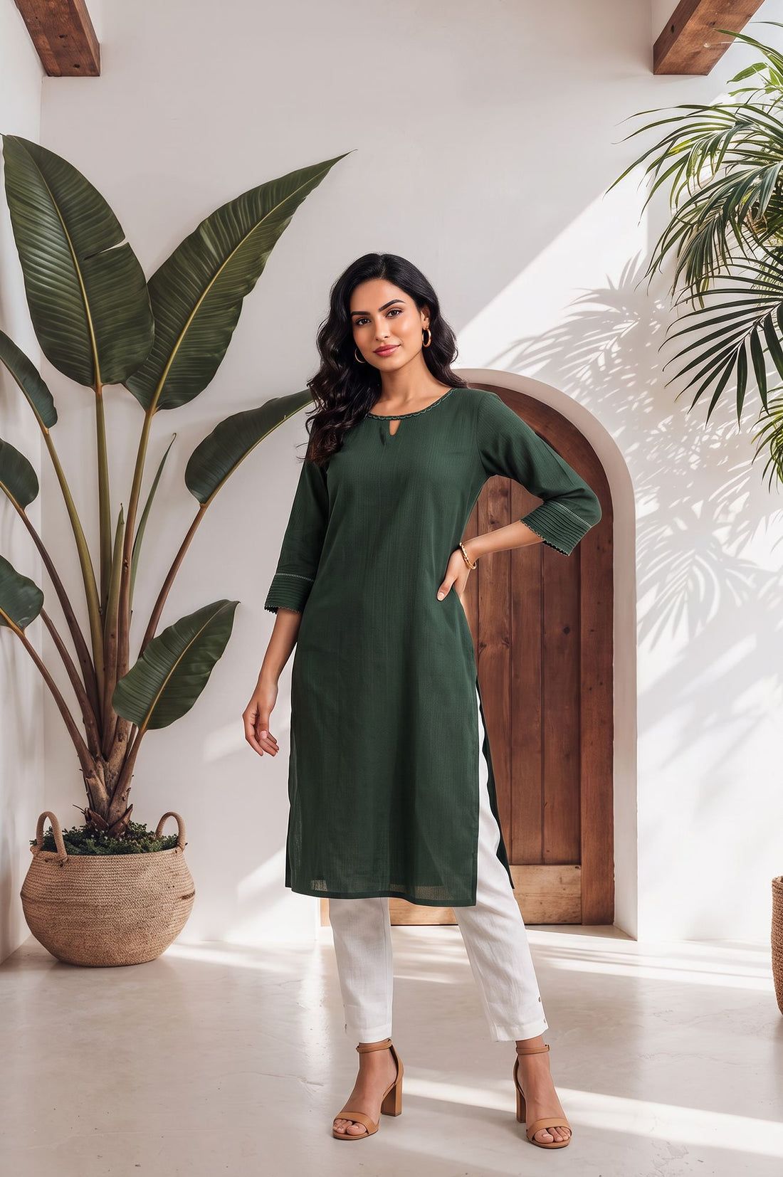 Green Yarn Dyed Textured Lace Rayon Straight Kurta with Tights Set
