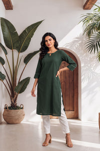 Green Yarn Dyed Textured Lace Rayon Straight Kurta with Tights Set