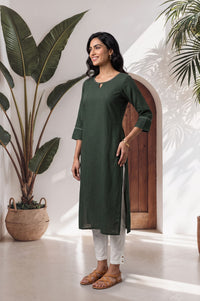 Green Yarn Dyed Textured Lace Rayon Straight Kurta with Tights Set