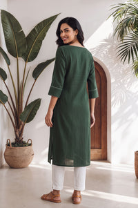 Green Yarn Dyed Textured Lace Rayon Straight Kurta with Tights Set