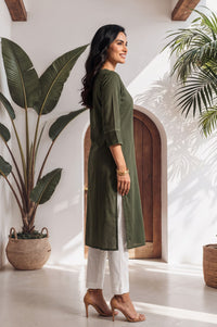 Green Yarn Dyed Textured Lace Rayon Straight Kurta with Tights Set
