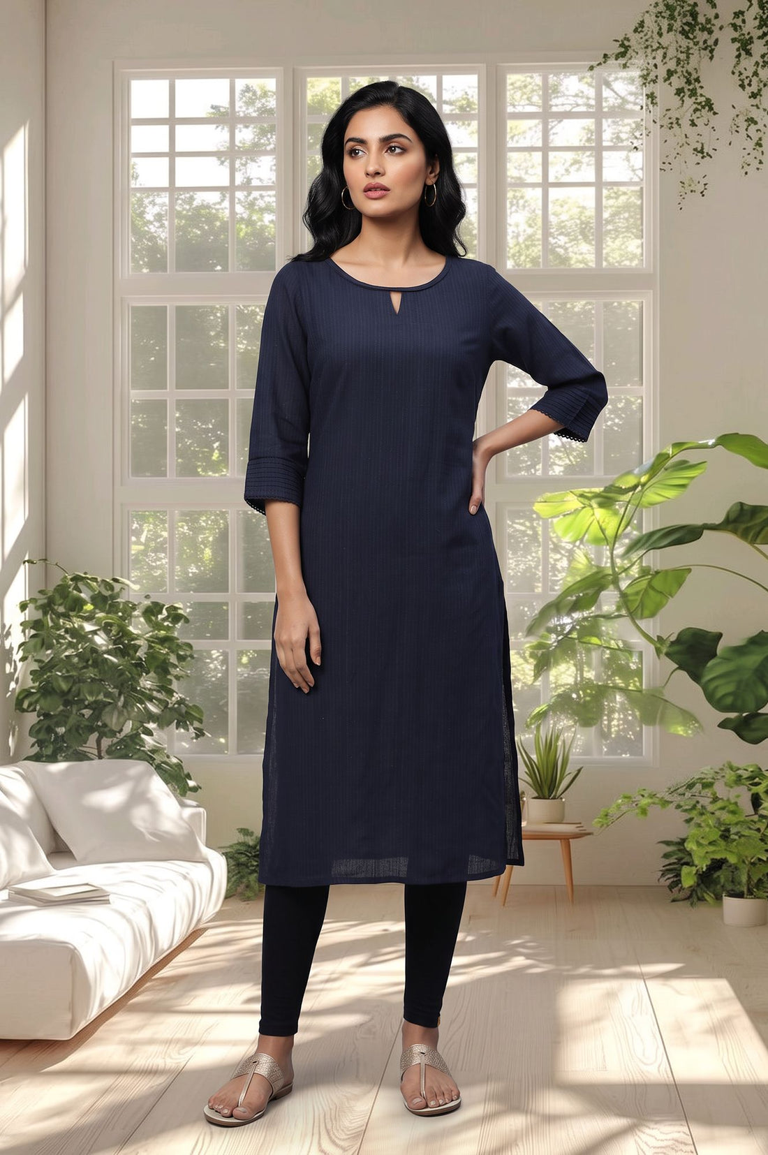 Navy Blue Textured Lace Yarn Dyed Rayon Straight Kurta with Tights Set