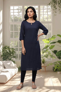 Navy Blue Textured Lace Yarn Dyed Rayon Straight Kurta with Tights Set