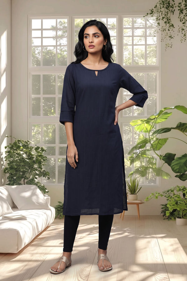 Navy Blue Textured Lace Yarn Dyed Rayon Straight Kurta with Tights Set