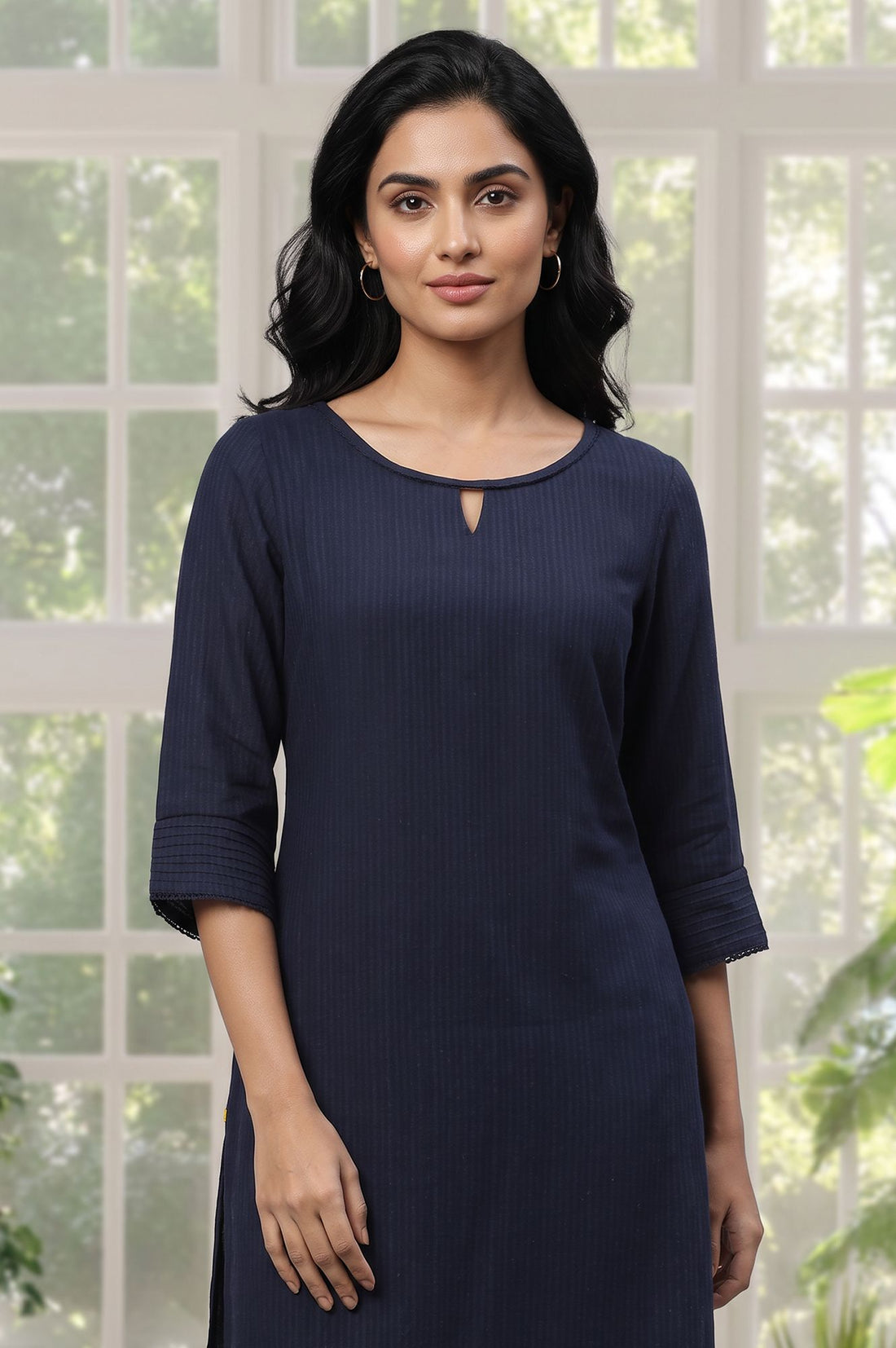 Navy Blue Textured Lace Yarn Dyed Rayon Straight Kurta with Tights Set