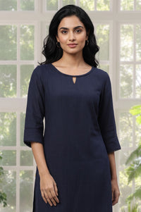 Navy Blue Textured Lace Yarn Dyed Rayon Straight Kurta with Tights Set