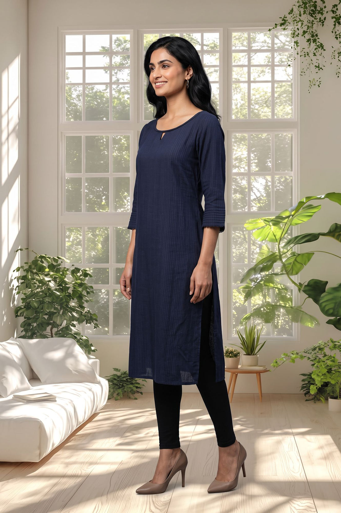 Navy Blue Textured Lace Yarn Dyed Rayon Straight Kurta with Tights Set