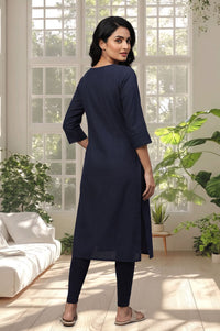 Navy Blue Textured Lace Yarn Dyed Rayon Straight Kurta with Tights Set