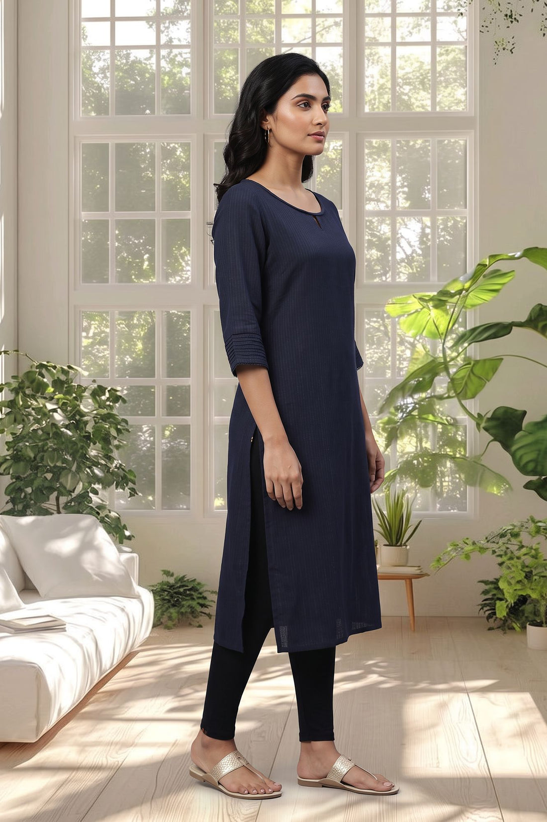 Navy Blue Textured Lace Yarn Dyed Rayon Straight Kurta with Tights Set