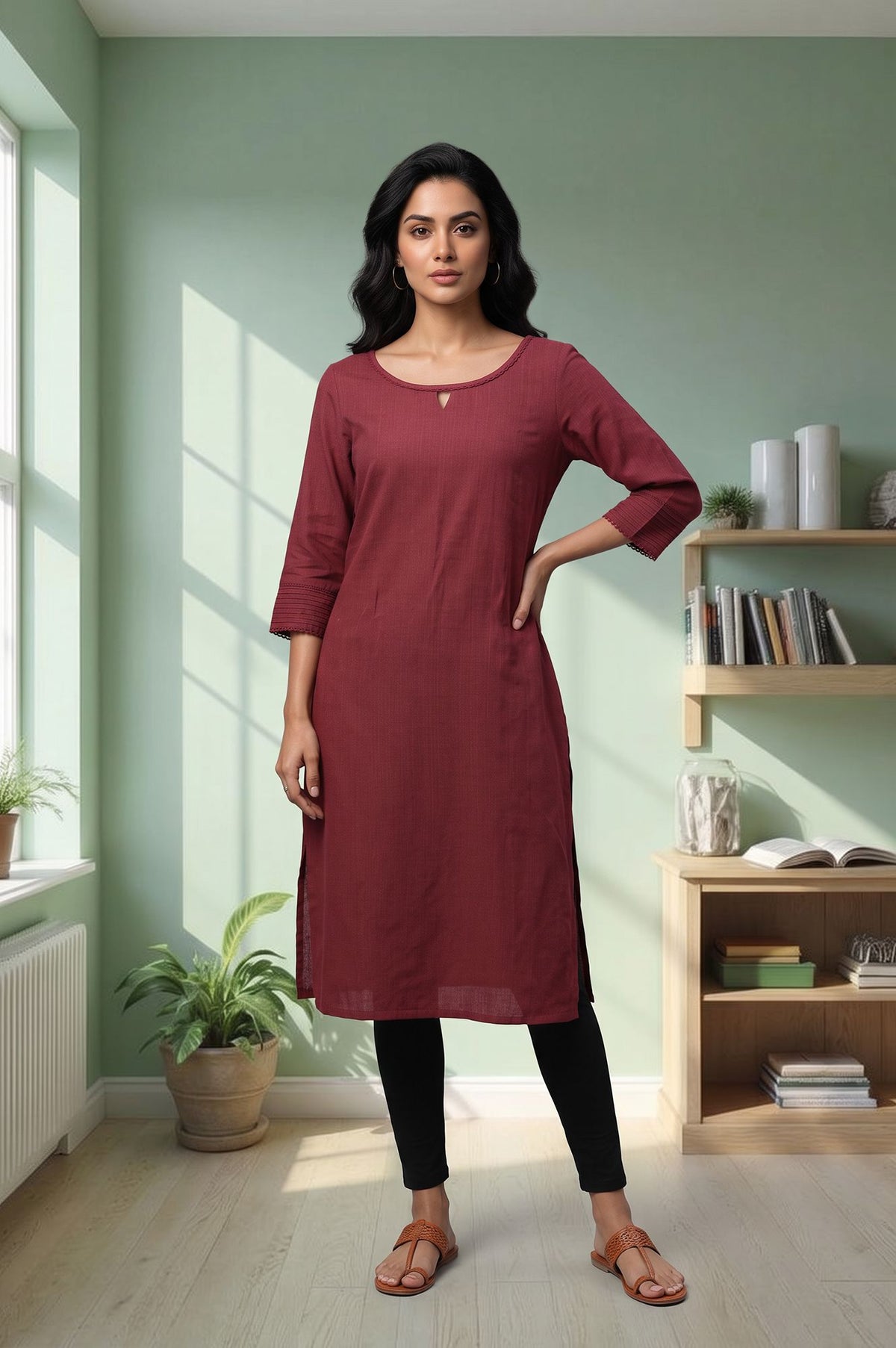 Maroon Solid Lace Yarn Dyed Rayon Straight Kurta with Tights - S