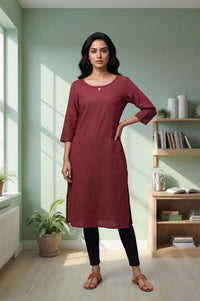 Maroon Solid Lace Yarn Dyed Rayon Straight Kurta with Tights