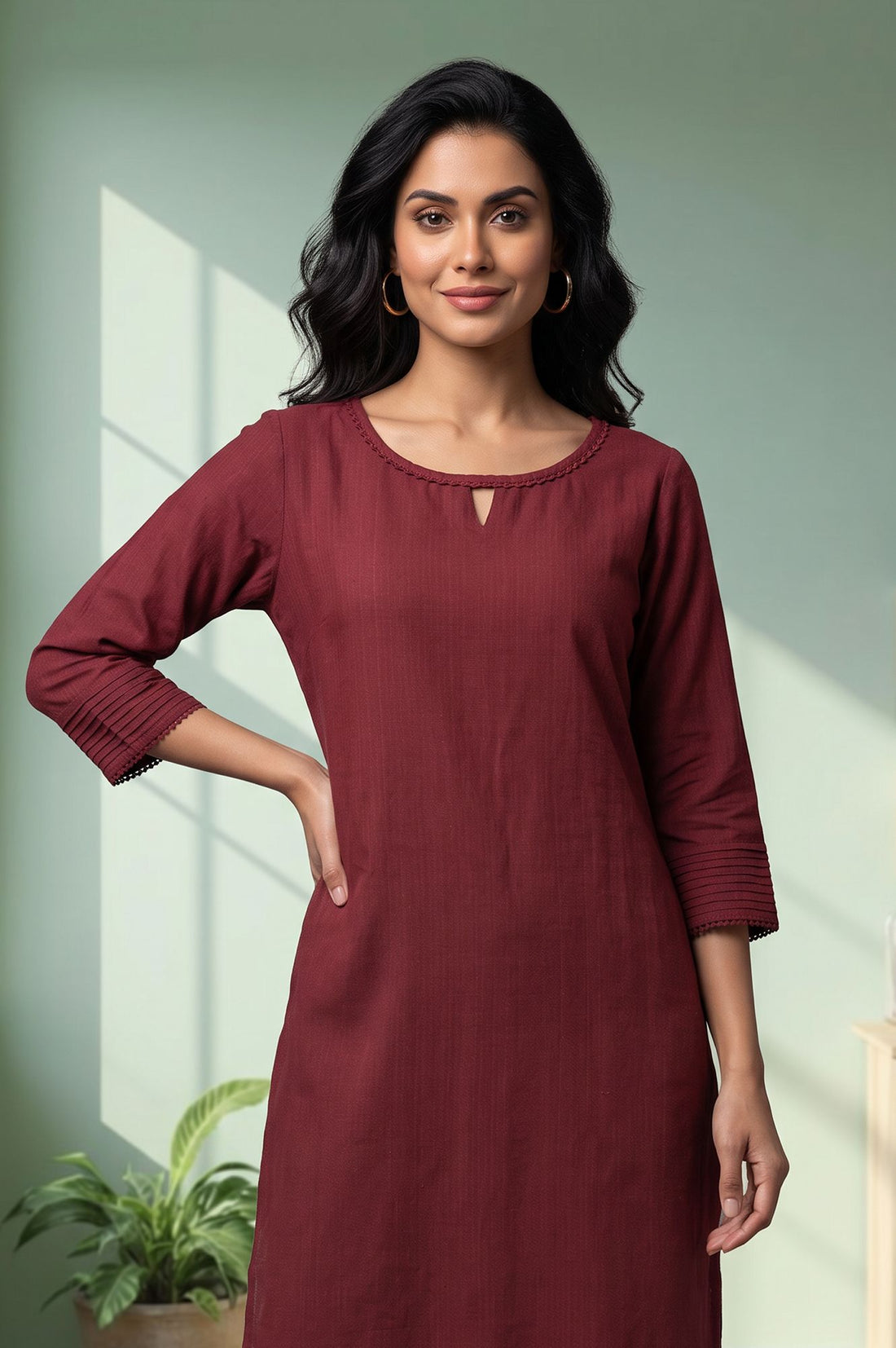 Maroon Solid Lace Yarn Dyed Rayon Straight Kurta with Tights
