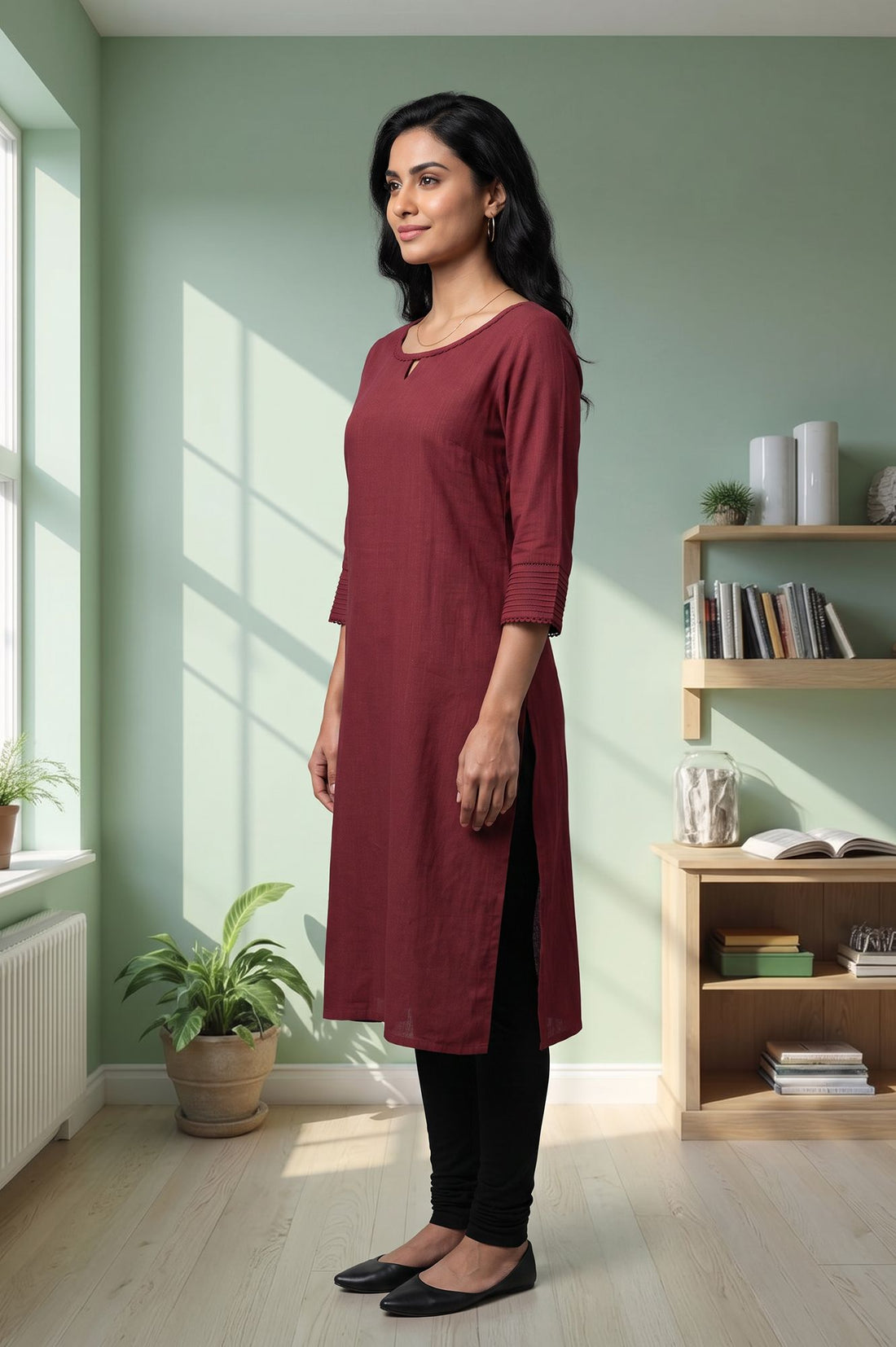 Maroon Solid Lace Yarn Dyed Rayon Straight Kurta with Tights