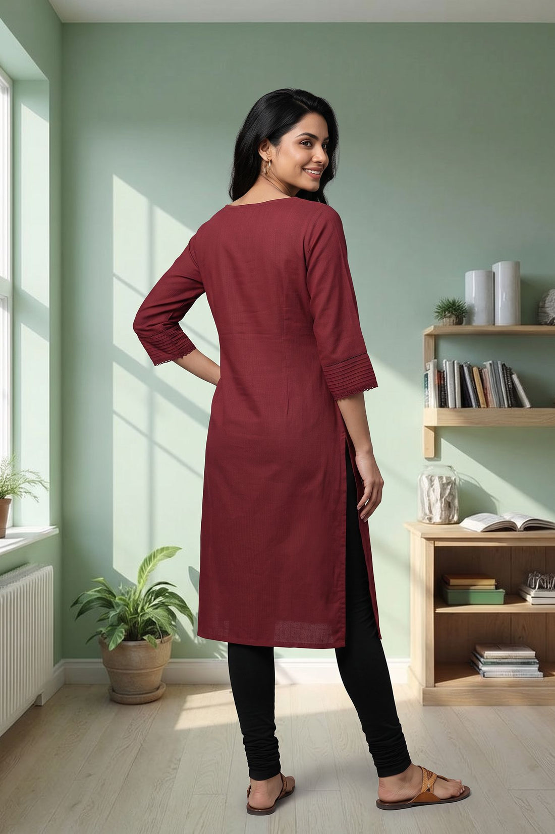Maroon Solid Lace Yarn Dyed Rayon Straight Kurta with Tights