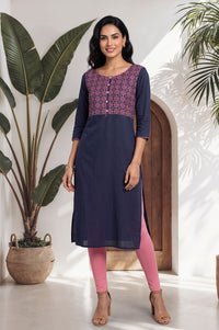 Navy Blue Geometric Printed Yarn Dyed Pure Cotton Straight Kurta with Tights Set