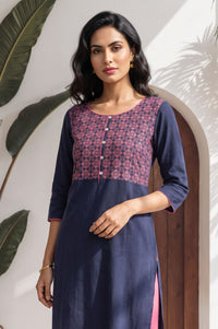 Navy Blue Geometric Printed Yarn Dyed Pure Cotton Straight Kurta with Tights Set