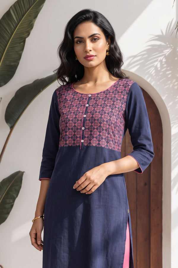 Navy Blue Geometric Printed Yarn Dyed Pure Cotton Straight Kurta with Tights Set