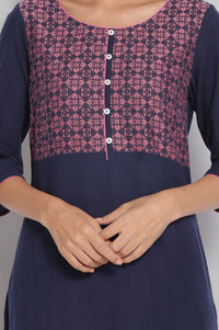 Navy Blue Geometric Printed Yarn Dyed Pure Cotton Straight Kurta with Tights Set