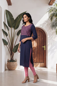 Navy Blue Geometric Printed Yarn Dyed Pure Cotton Straight Kurta with Tights Set