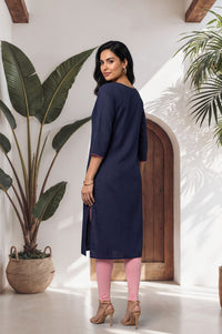 Navy Blue Geometric Printed Yarn Dyed Pure Cotton Straight Kurta with Tights Set