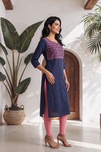 Navy Blue Geometric Printed Yarn Dyed Pure Cotton Straight Kurta with Tights Set