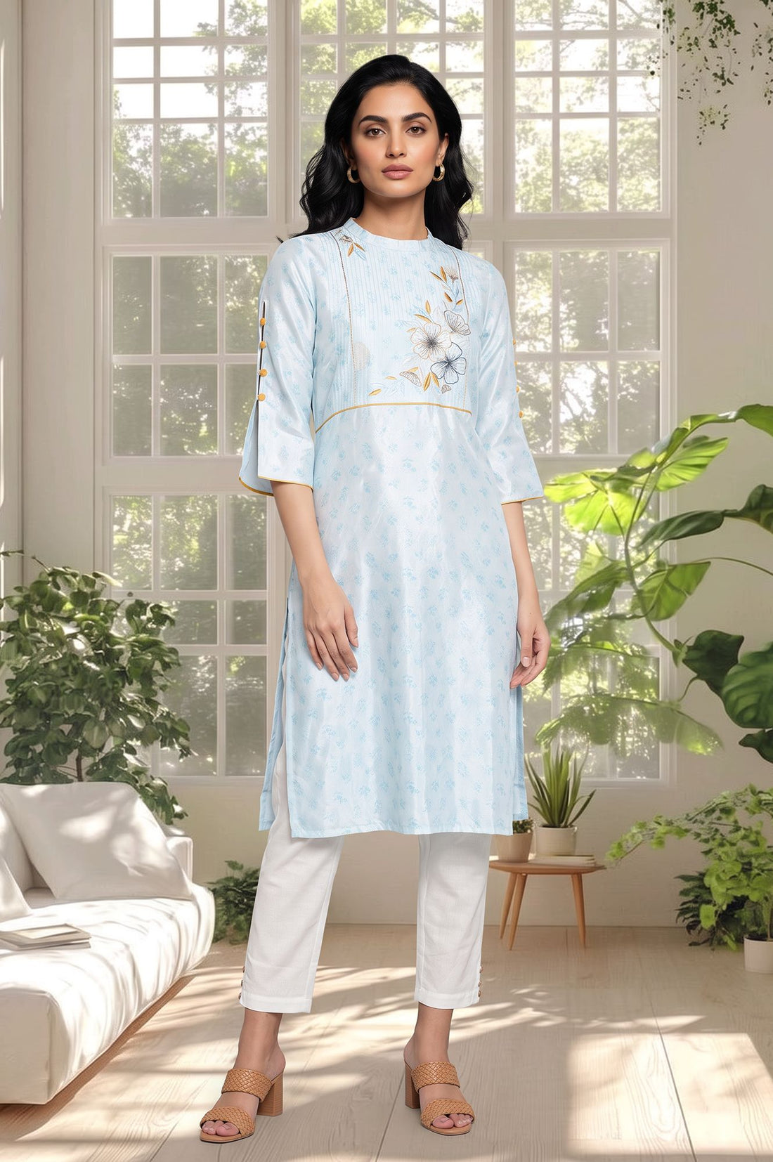 Blue Floral Printed Thread Embroidered Shantung Straight Kurta with Trousers Set