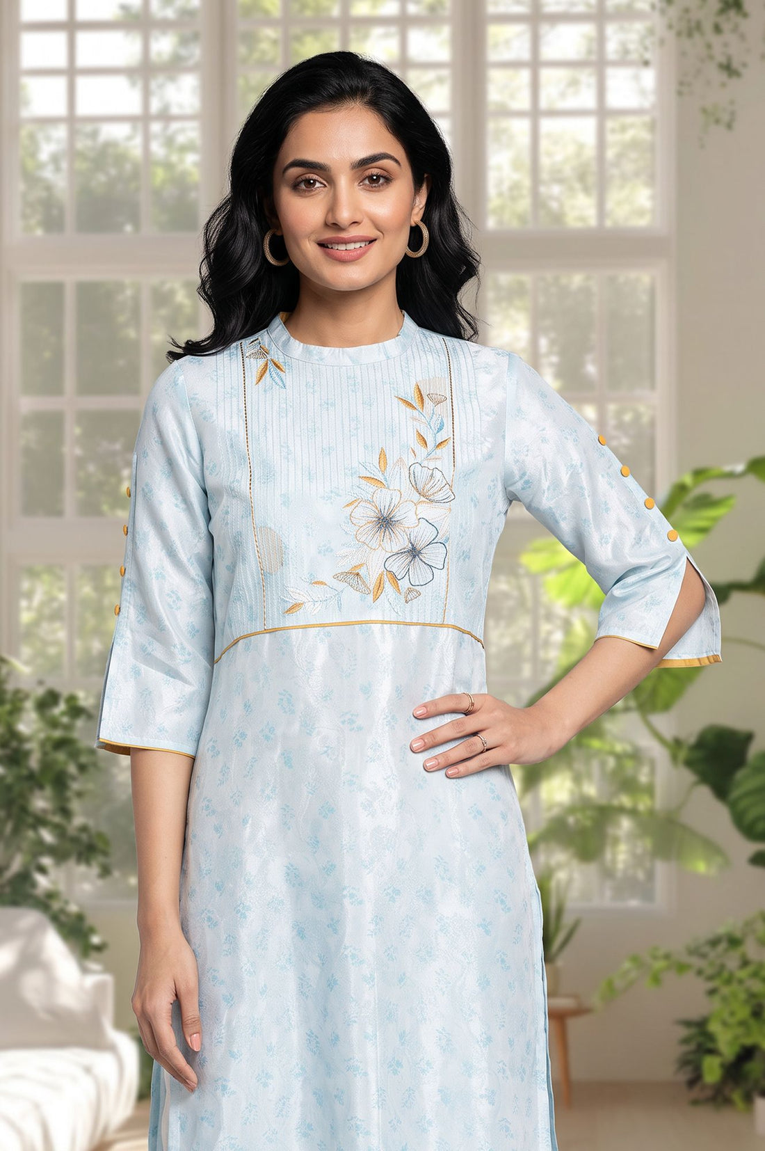 Blue Floral Printed Thread Embroidered Shantung Straight Kurta with Trousers Set
