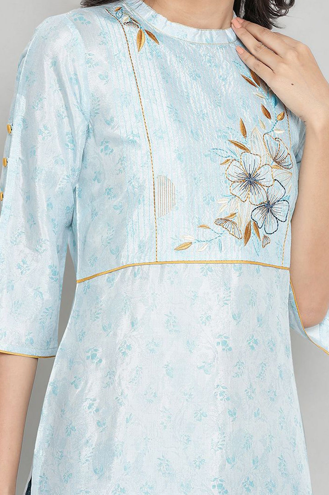 Blue Floral Printed Thread Embroidered Shantung Straight Kurta with Trousers Set