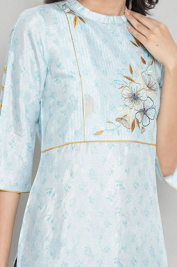 Blue Floral Printed Thread Embroidered Shantung Straight Kurta with Trousers Set