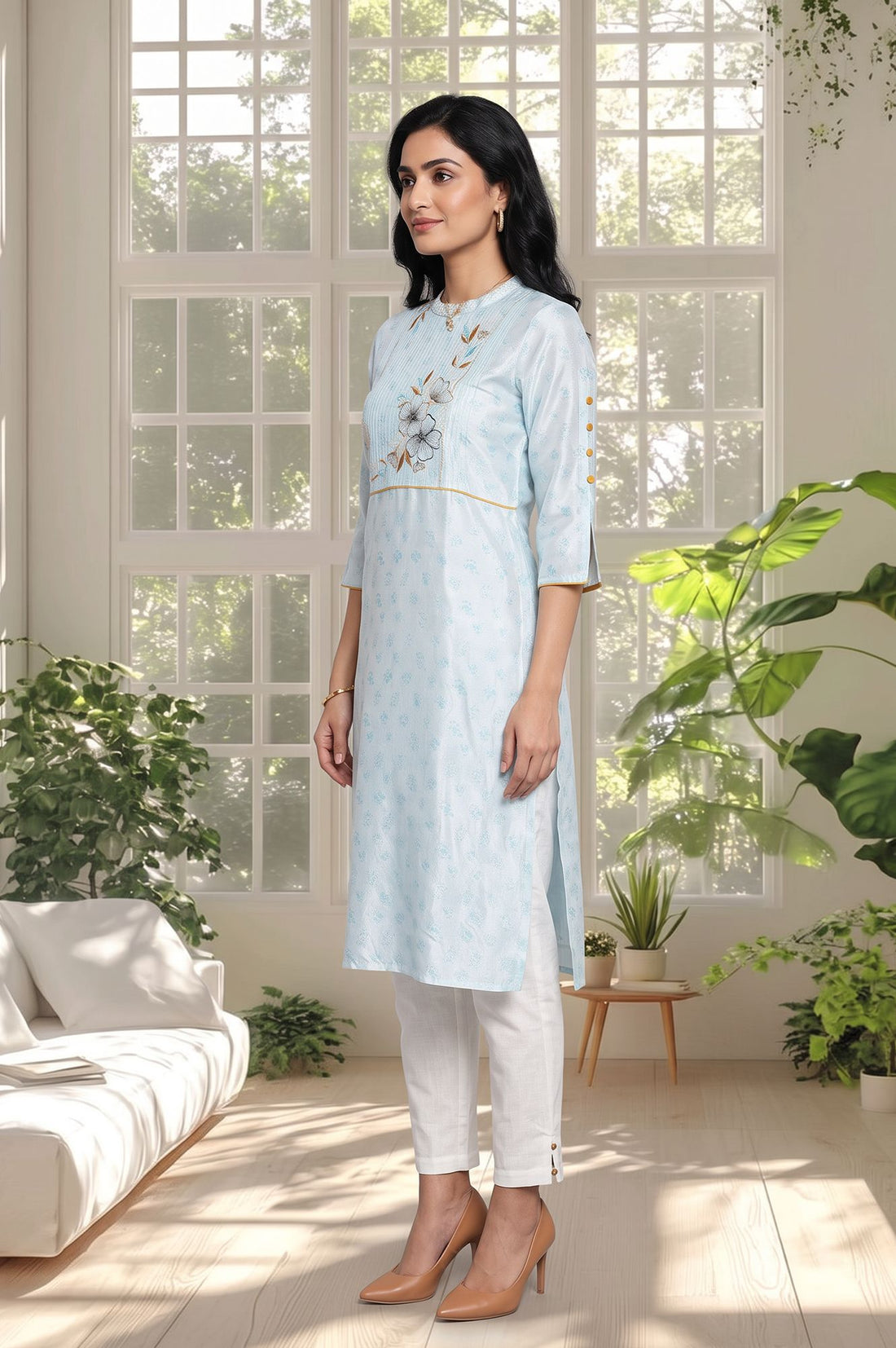 Blue Floral Printed Thread Embroidered Shantung Straight Kurta with Trousers Set