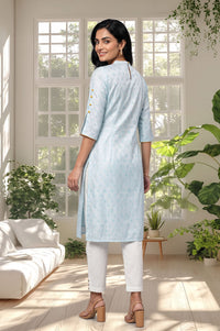 Blue Floral Printed Thread Embroidered Shantung Straight Kurta with Trousers Set