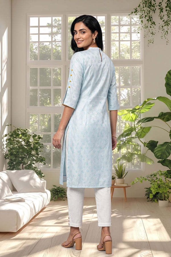 Blue Floral Printed Thread Embroidered Shantung Straight Kurta with Trousers Set