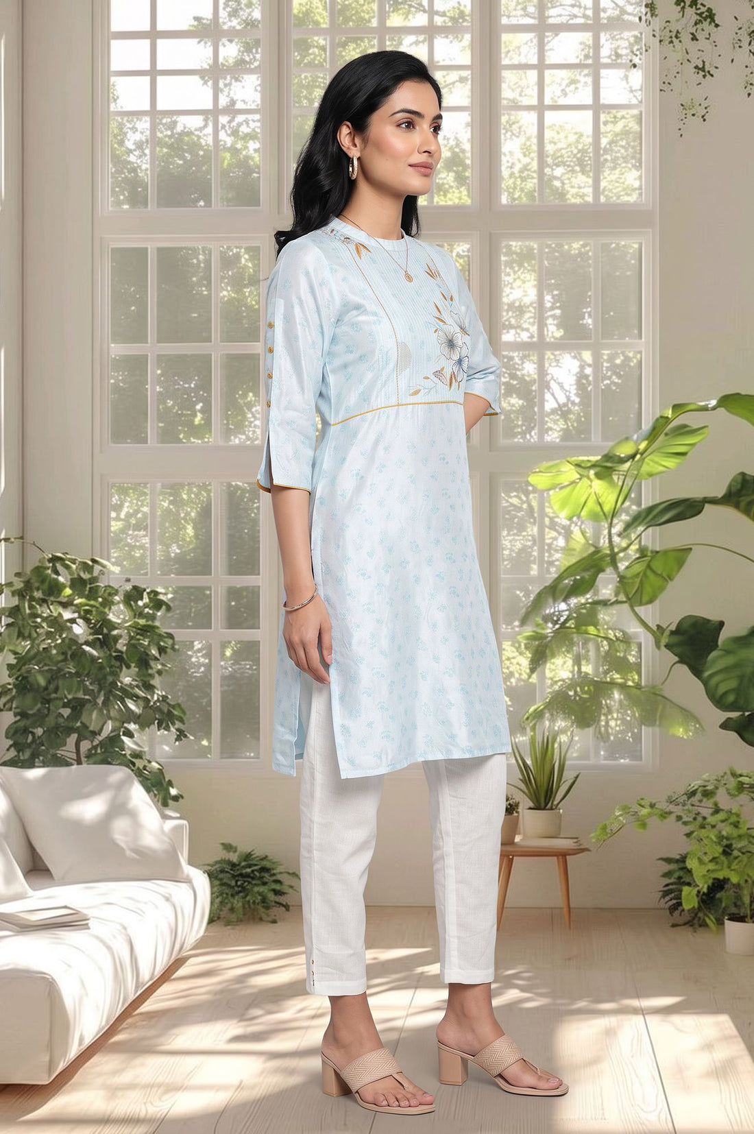 Blue Floral Printed Thread Embroidered Shantung Straight Kurta with Trousers Set