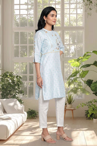 Blue Floral Printed Thread Embroidered Shantung Straight Kurta with Trousers Set
