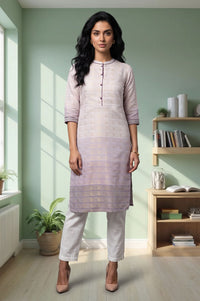 Lavender Ombre Zari Embroidered Yarn Dyed Cotton Straight Kurta with Trouser Set