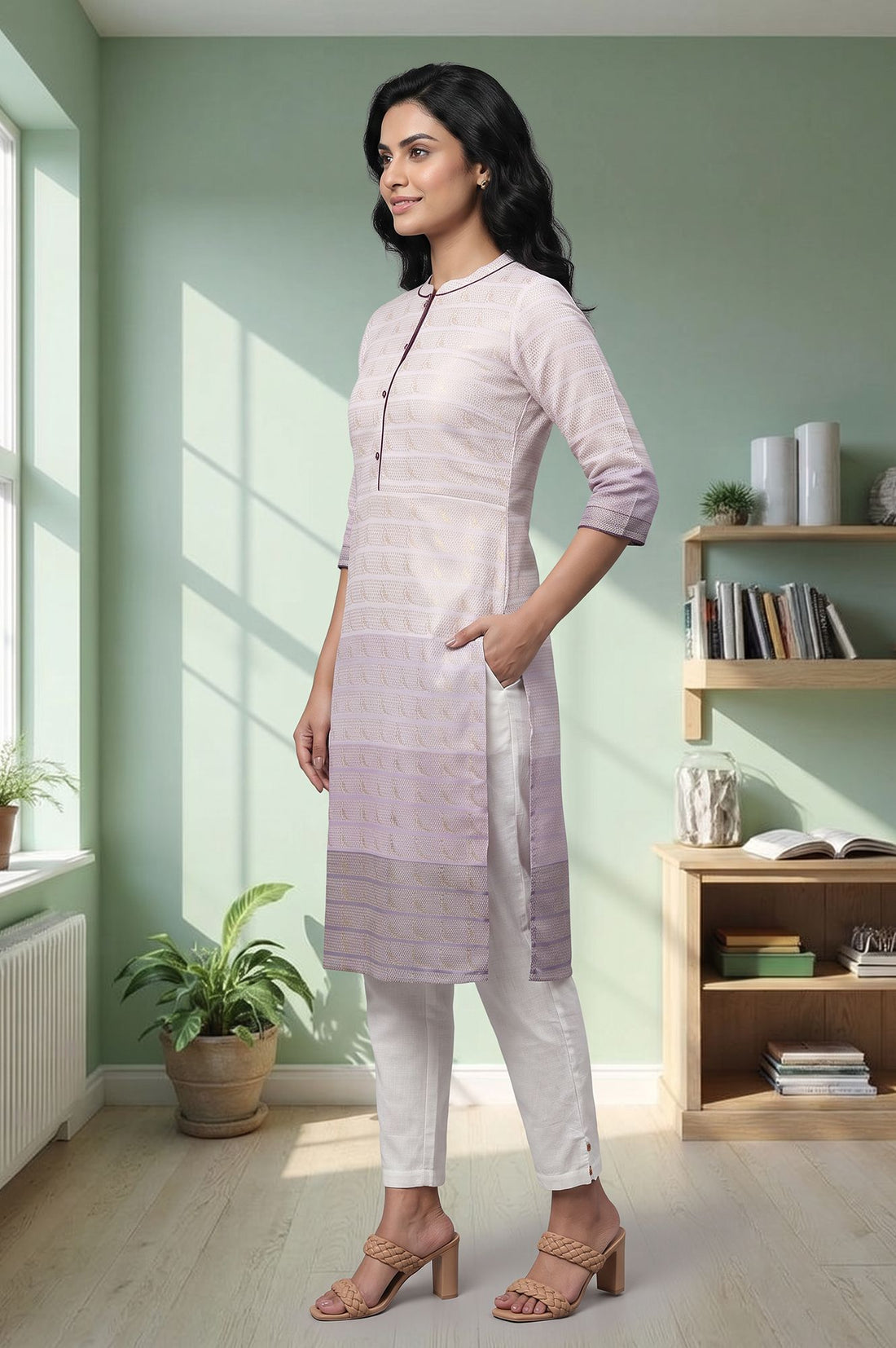 Lavender Ombre Zari Embroidered Yarn Dyed Cotton Straight Kurta with Trouser Set