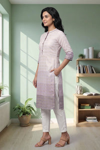 Lavender Ombre Zari Embroidered Yarn Dyed Cotton Straight Kurta with Trouser Set