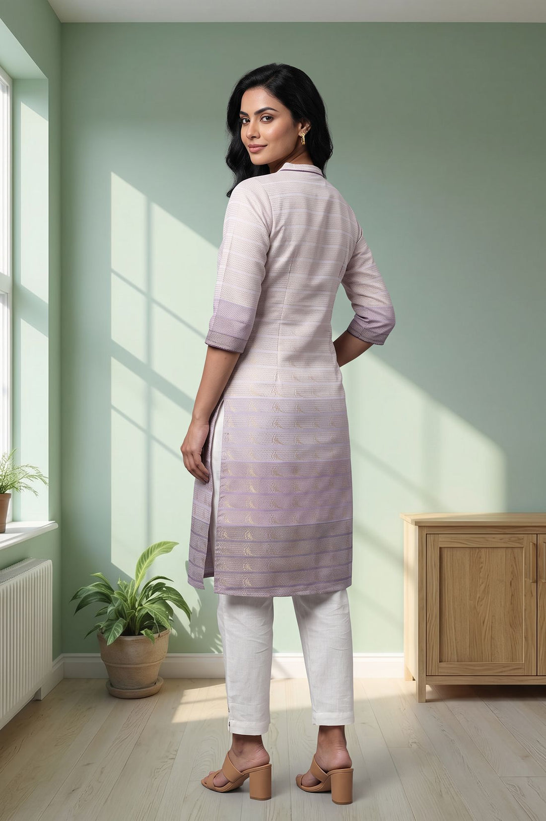 Lavender Ombre Zari Embroidered Yarn Dyed Cotton Straight Kurta with Trouser Set