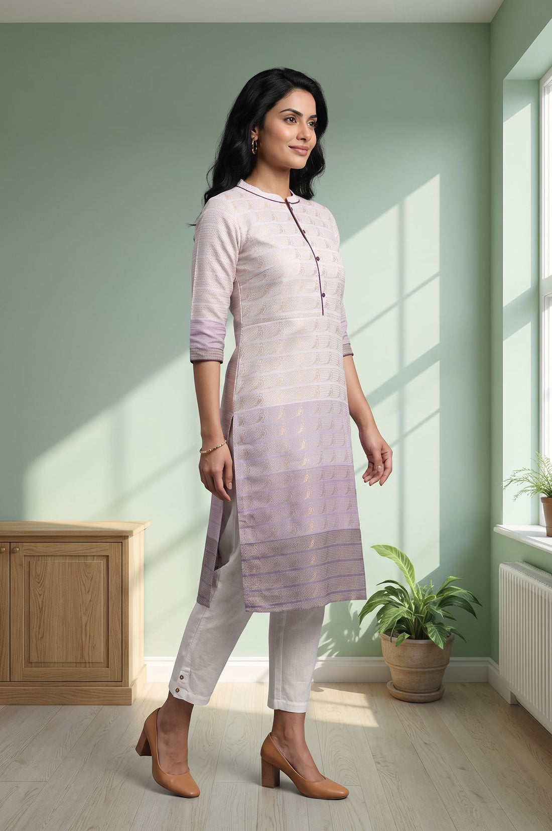 Lavender Ombre Zari Embroidered Yarn Dyed Cotton Straight Kurta with Trouser Set