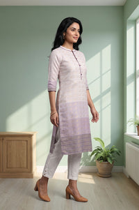 Lavender Ombre Zari Embroidered Yarn Dyed Cotton Straight Kurta with Trouser Set