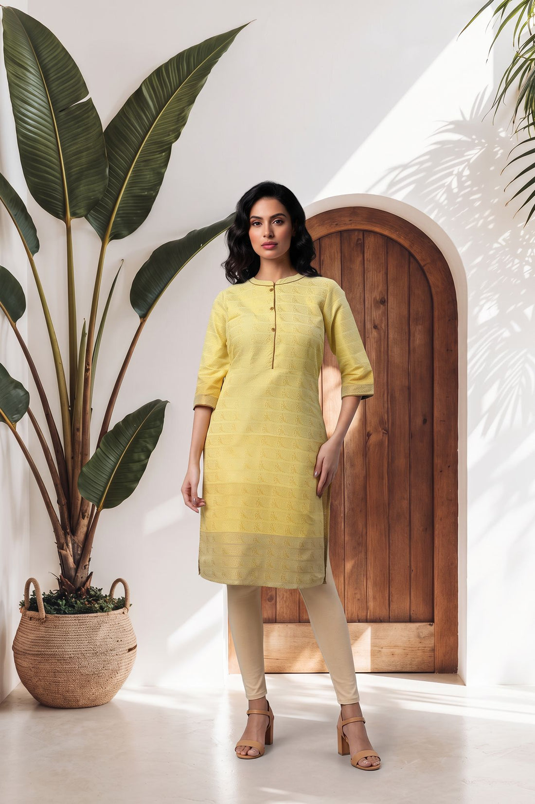 Yellow Yarn Dyed Textured Zari Cotton Blend Straight Kurta with Trouser Set