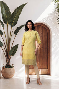 Yellow Yarn Dyed Textured Zari Cotton Blend Straight Kurta with Trouser Set